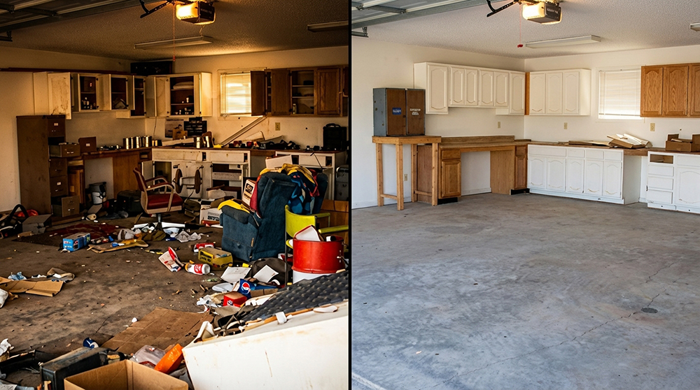 Before and after garage cleanout — clutter removed and space restored
