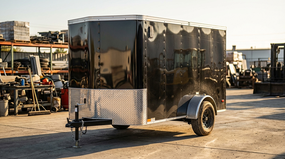 Black enclosed cargo trailer available for rental in Juneau, WI